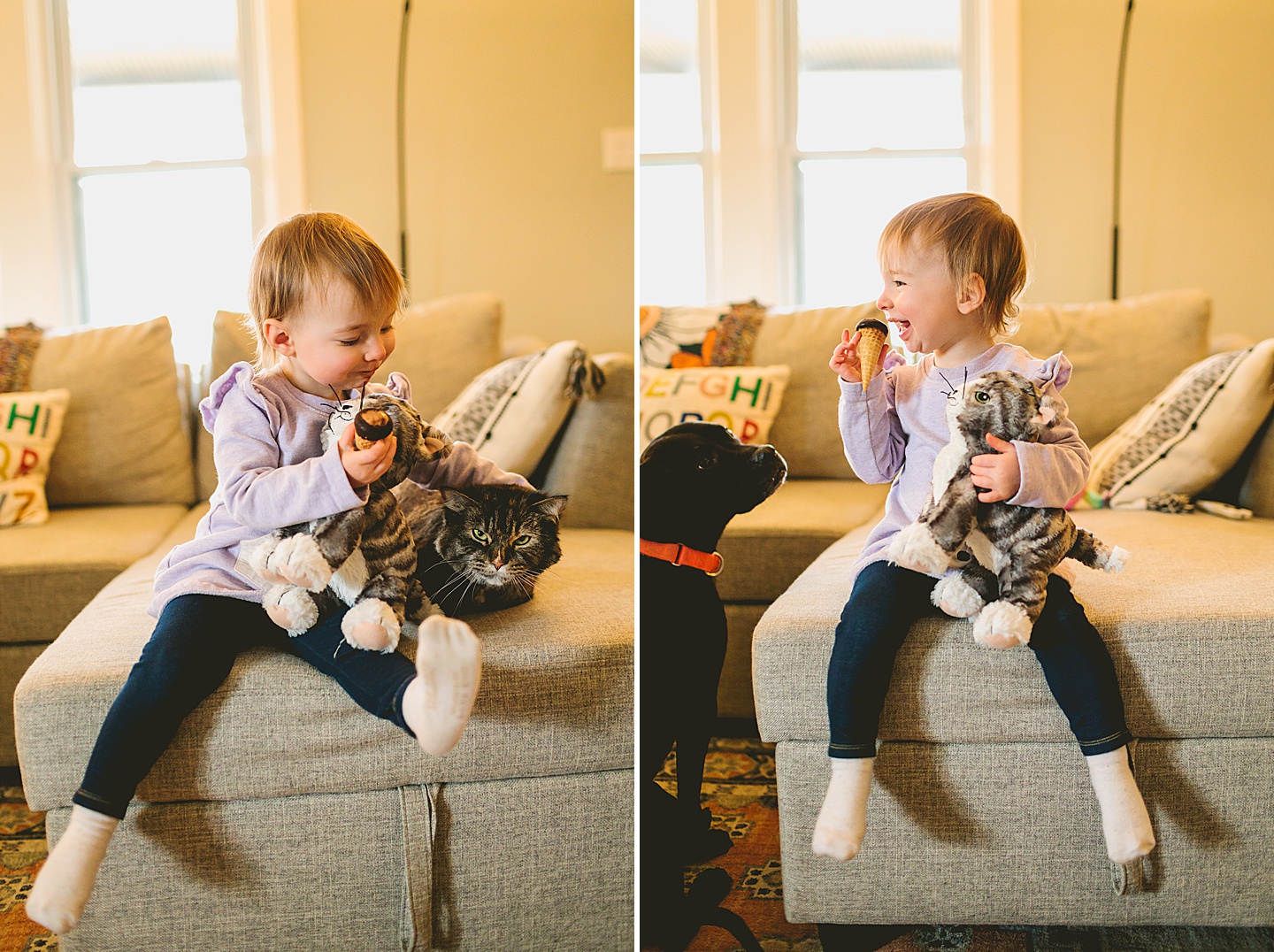 toddler eating ice cream next to cat while holding cat doll