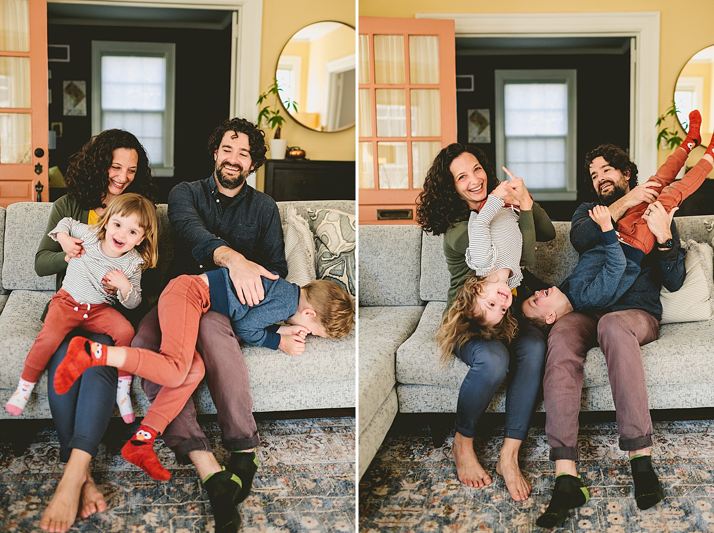 Family sitting on couch in Durham laughing