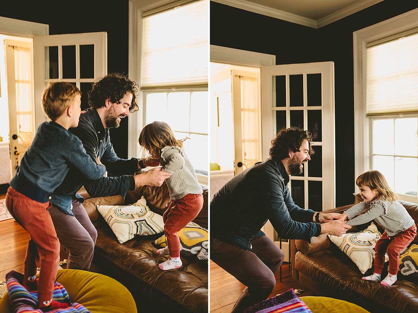 Daughter jumping on the couch with dad