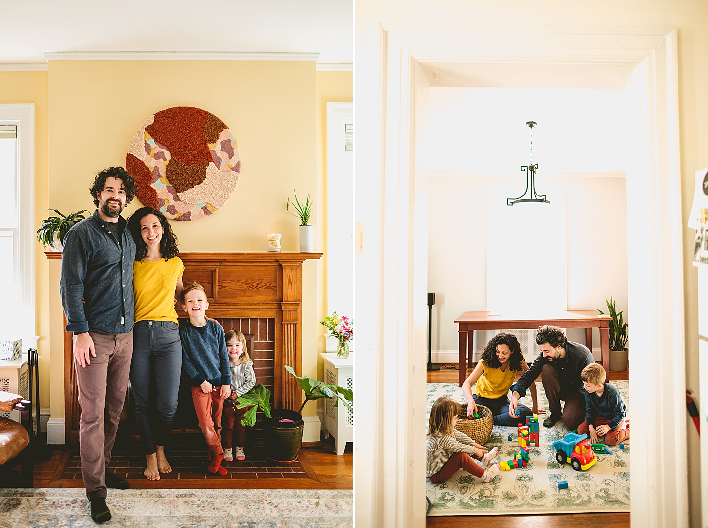 Parents building blocks with their kids on the floor during family pictures