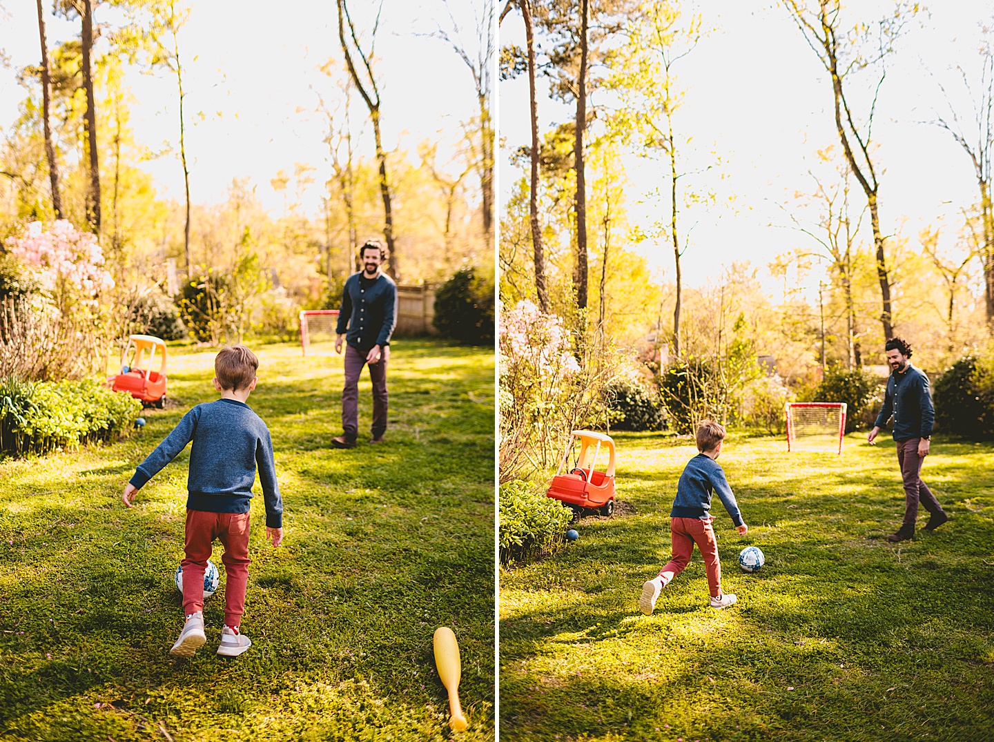 Boy playing soccer in the yard with Dad in Durham