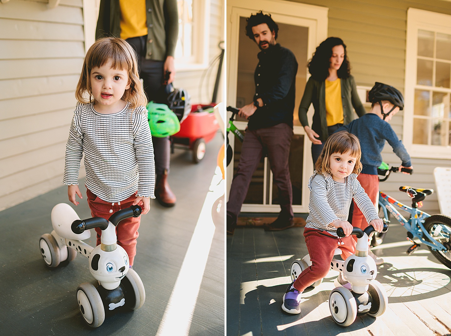 Girl sitting on her puppy bike