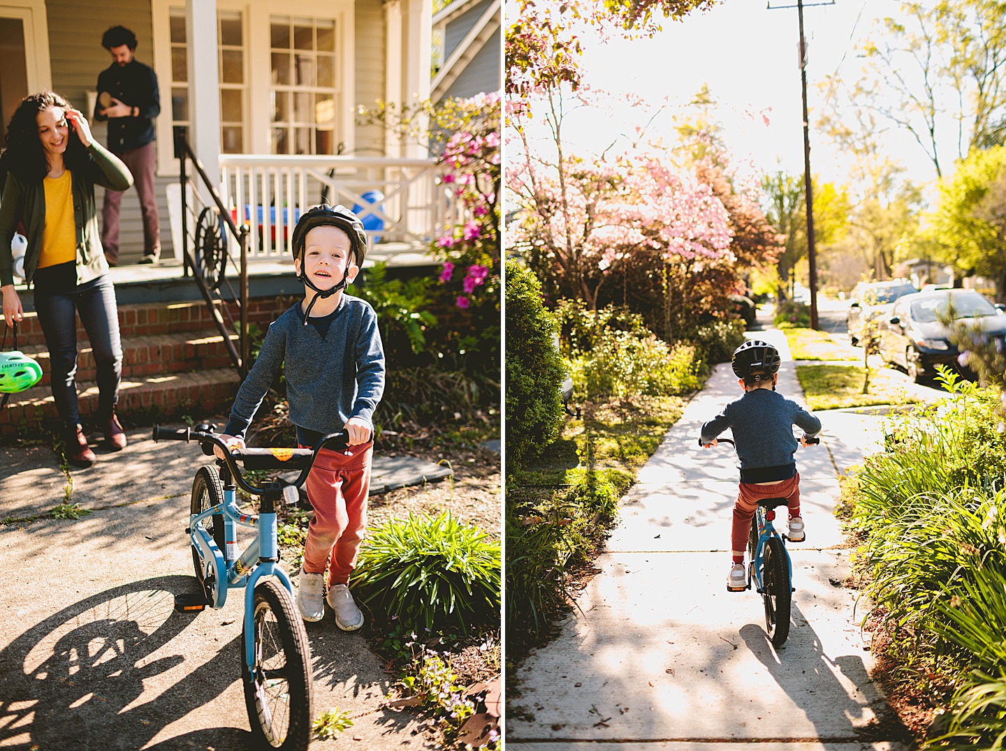 Boy riding a bike on the sidewalk