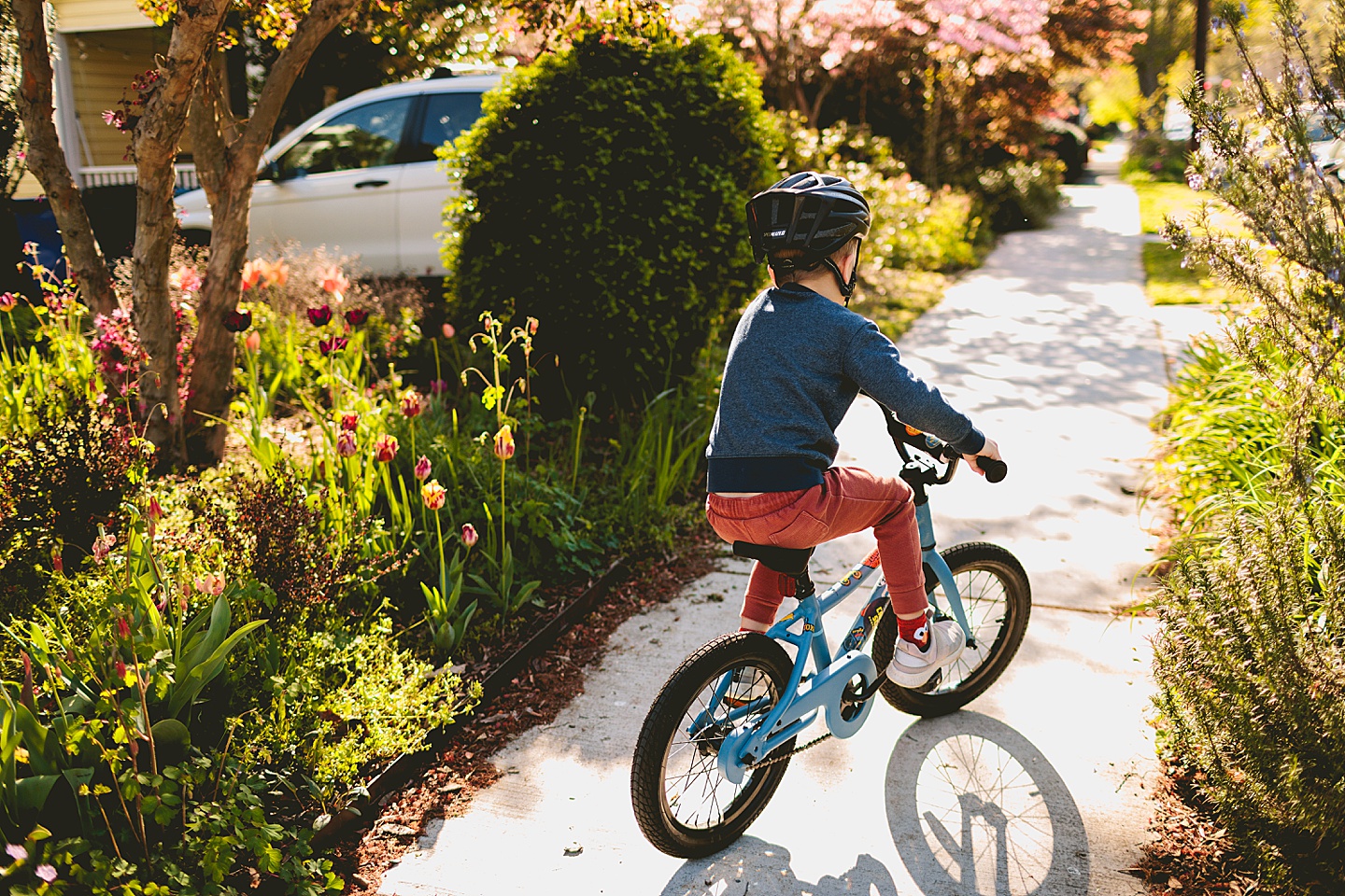 Boy riding a bike on the sidewalk