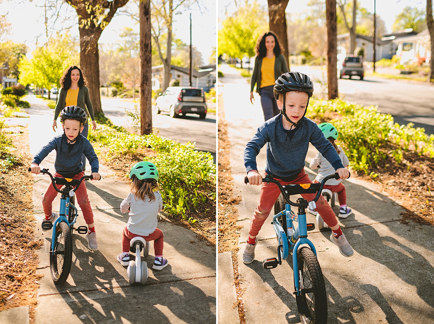 Siblings riding bikes on the sidewalk during Durham family photographs