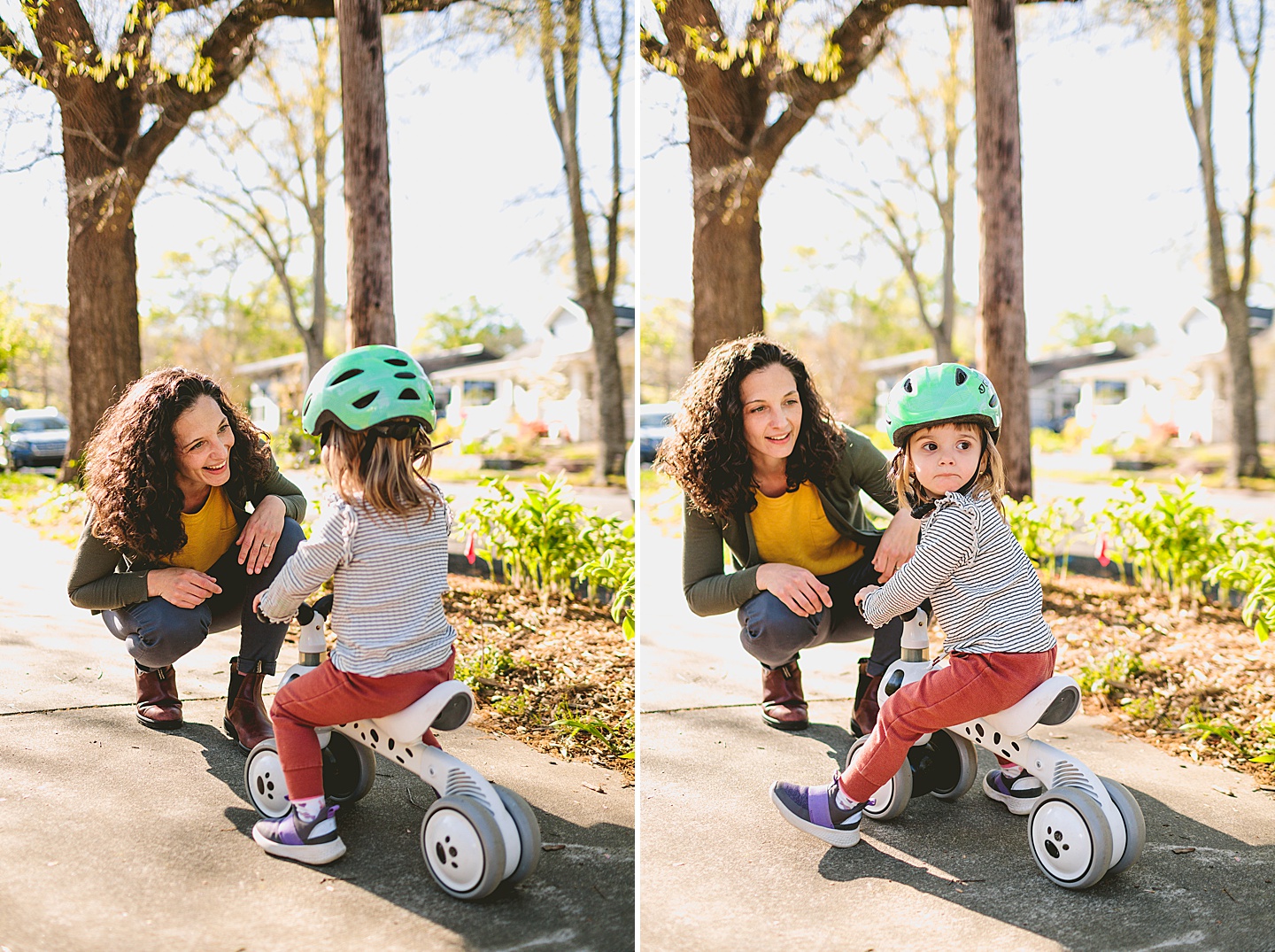 Girl riding her bike down the street and stopping to talk to mom