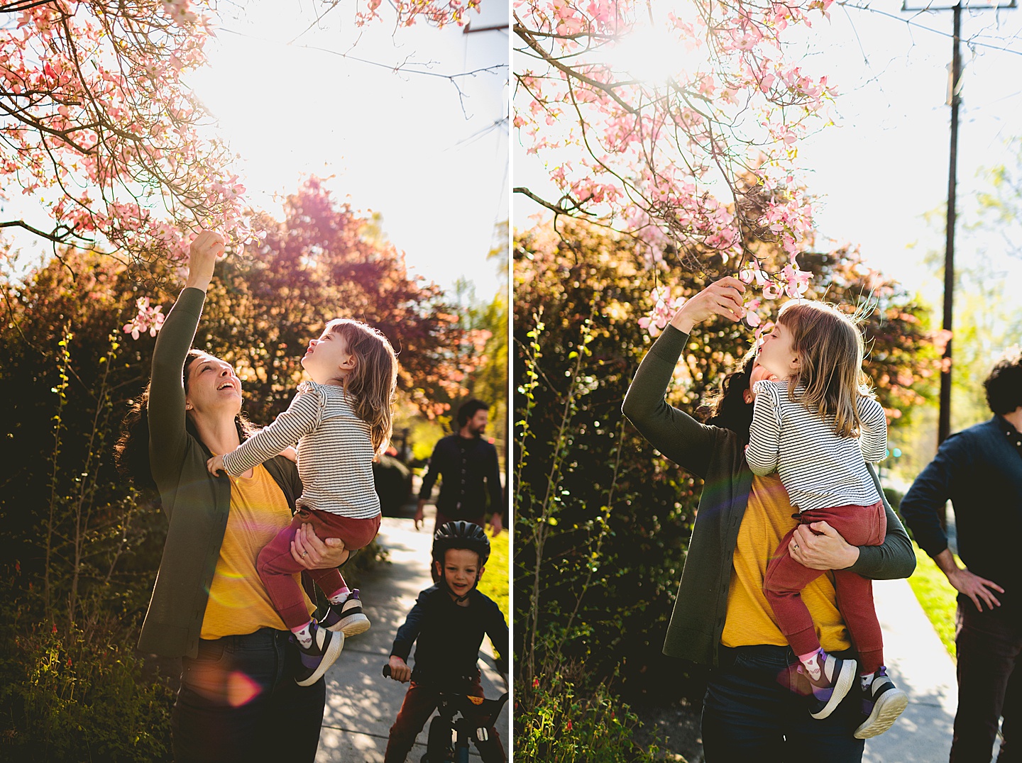 Mom helping daughter smell flowers in tree