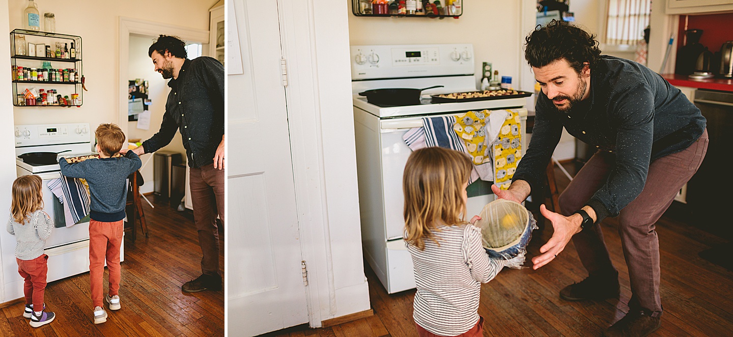 Kids handing dinner to dad