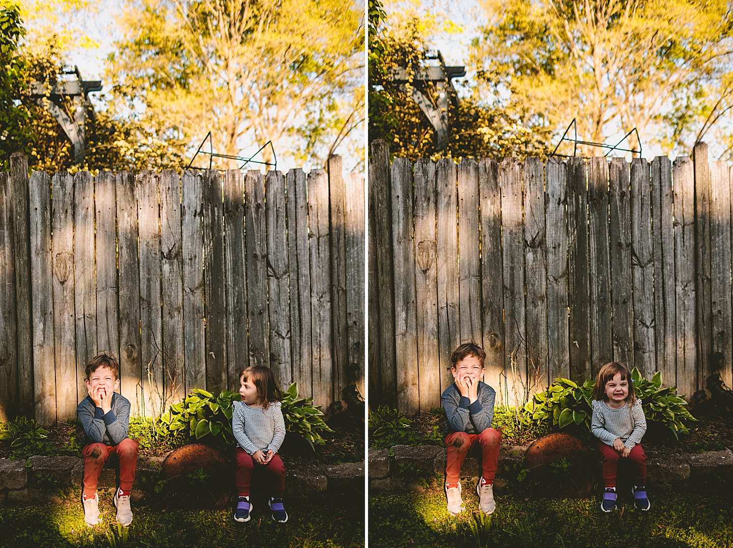 Siblings smiling by a fence in yard