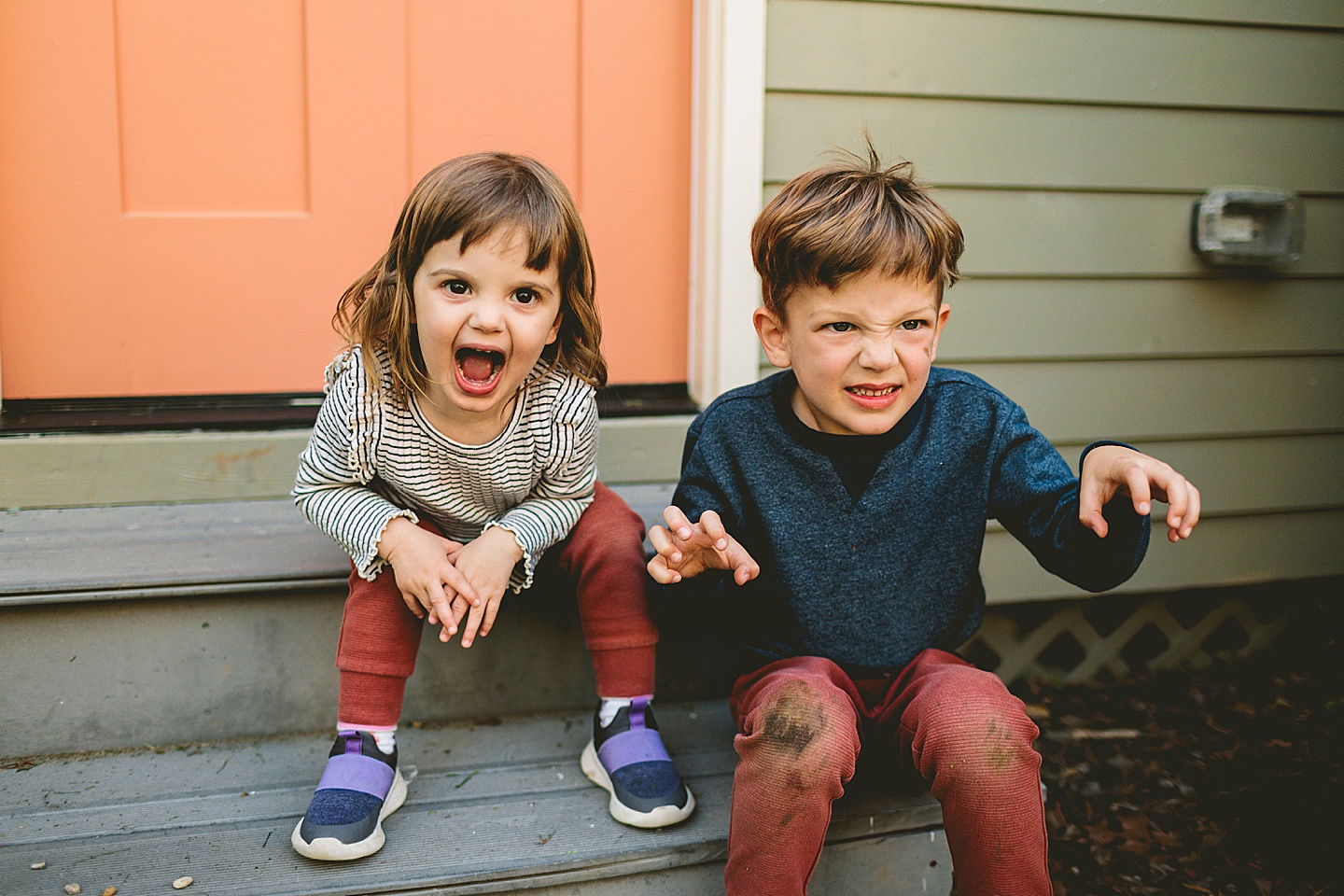 Brother and sister portraits with silly faces