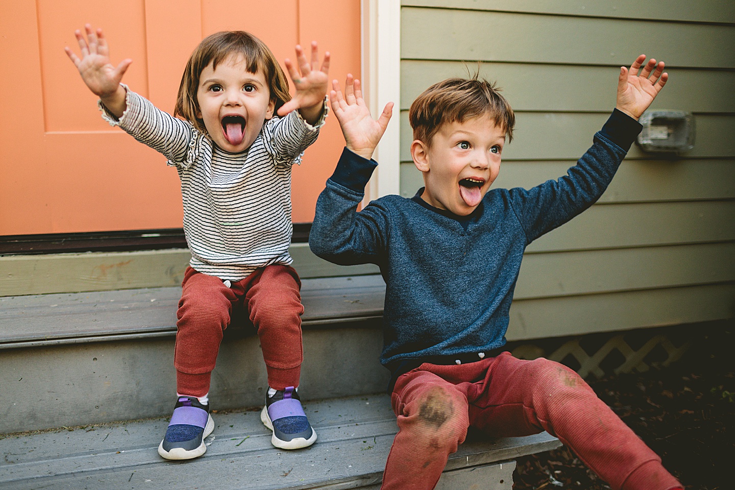 Brother and sister portraits with silly faces