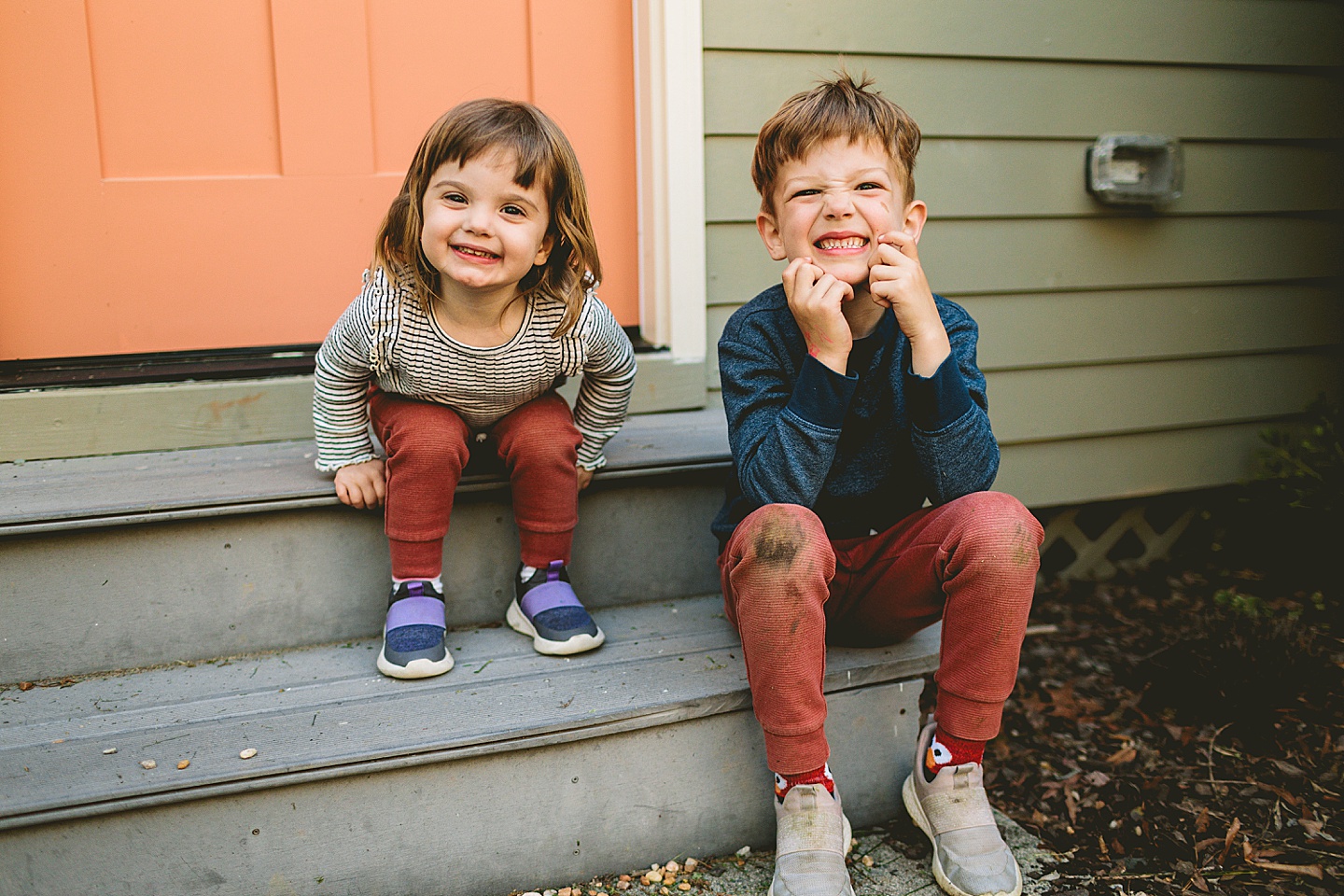 Brother and sister portraits with silly faces