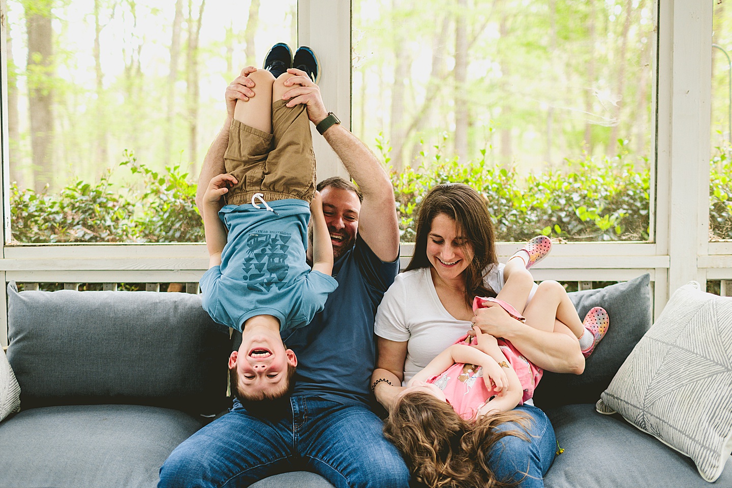 Pictures of family sitting on a screened porch in Raleigh