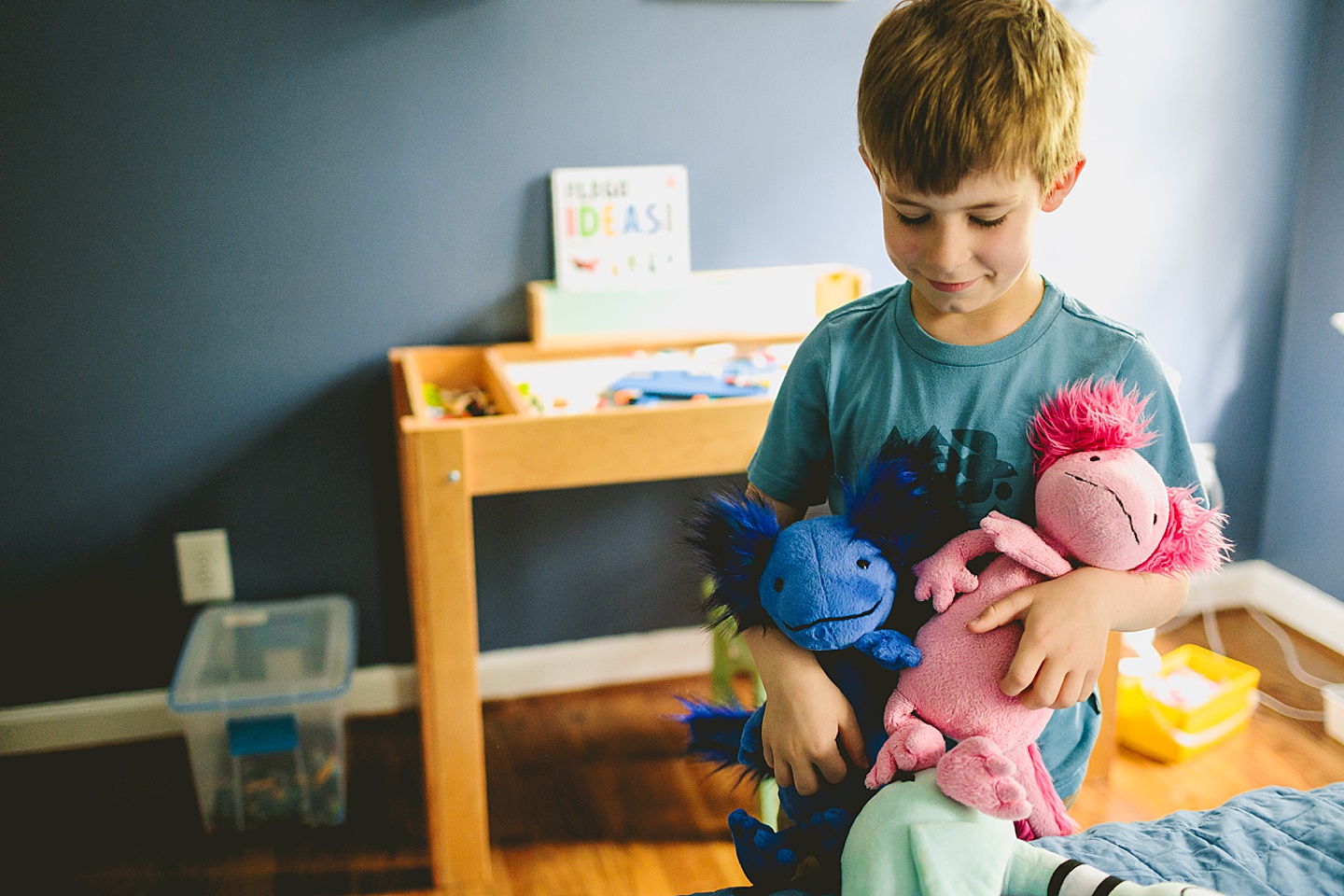 Kid holding stuffed animals