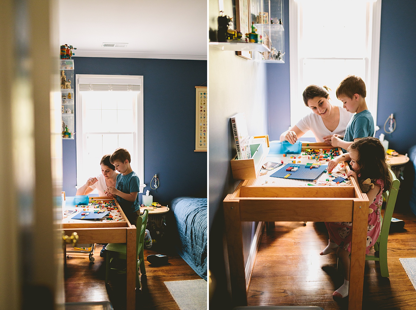 Mom building Legos with son during family photos at home in Raleigh