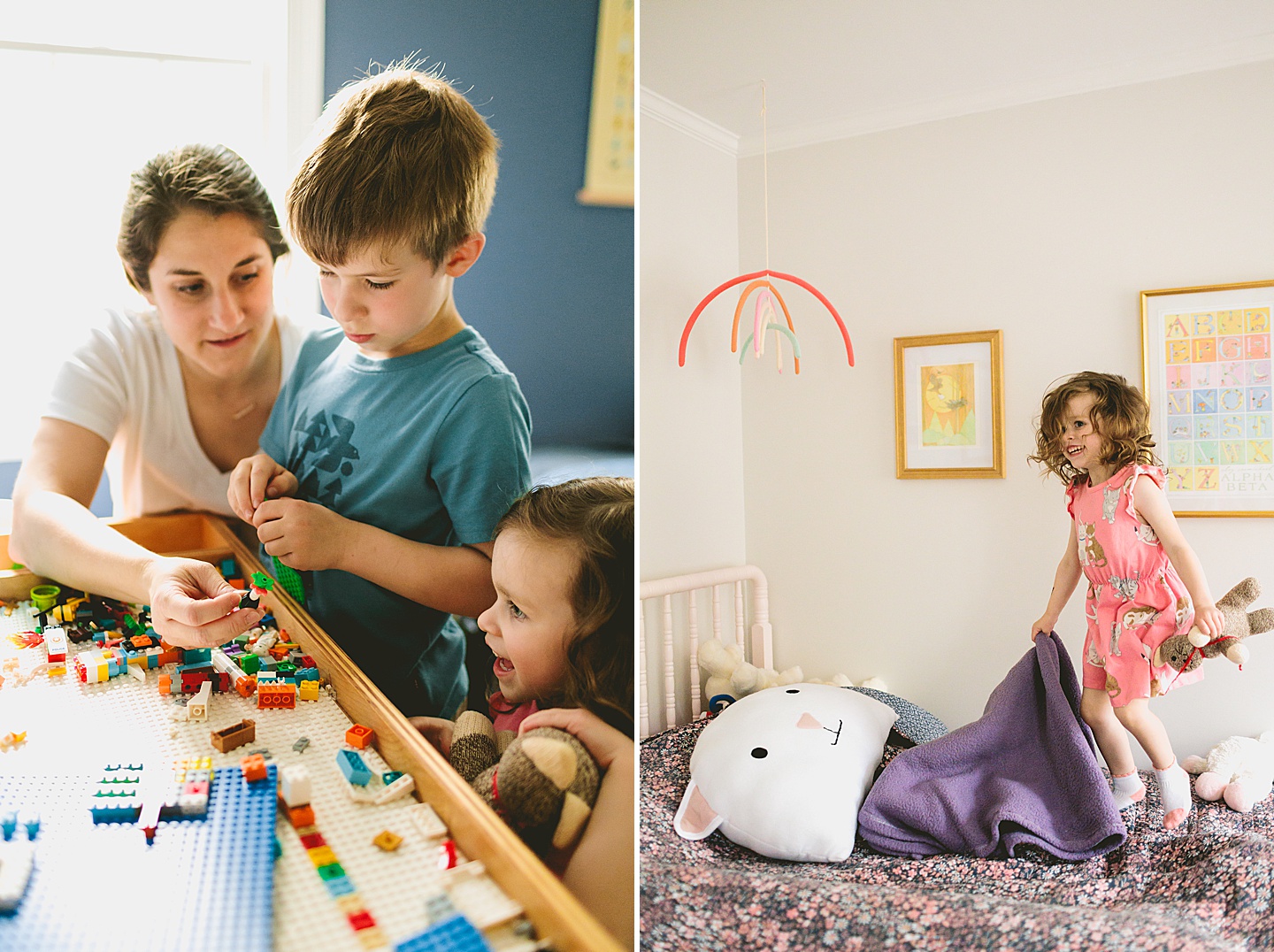 Mom building Legos with kids and girl jumping on a bed