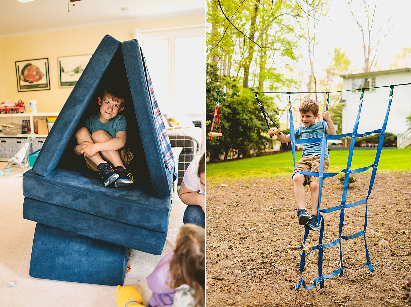 Family building a fort at home