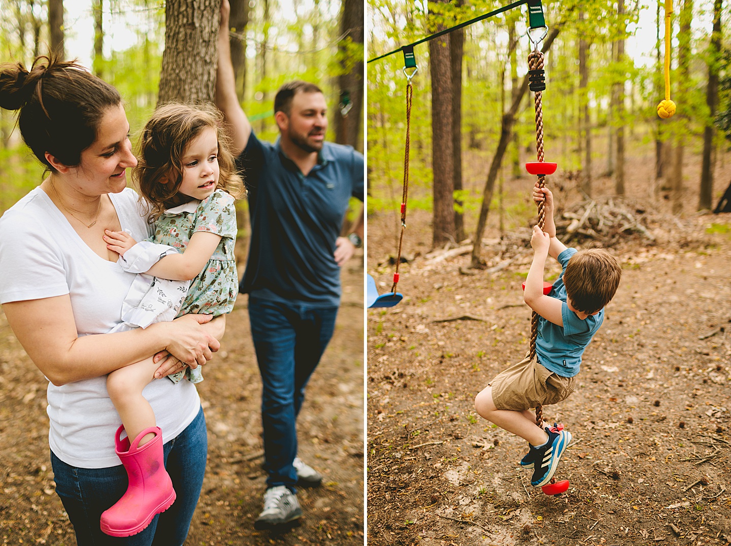 Boy climbing slack line in backyard