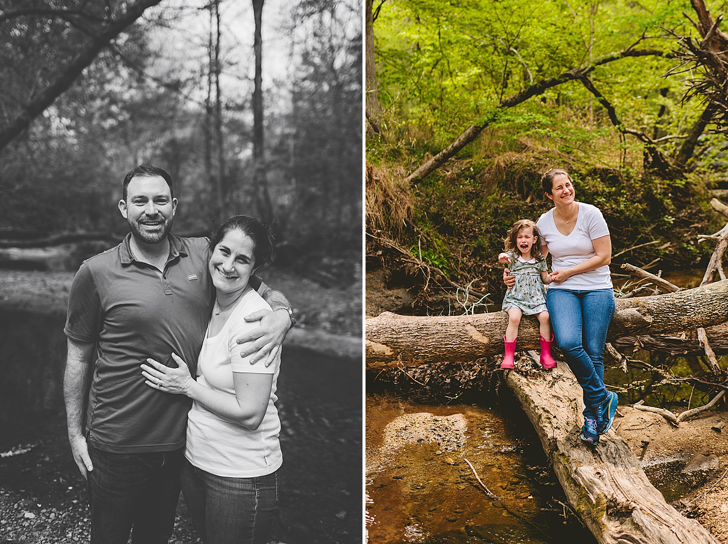 Black and white portrait of parents and mom sitting with crying daughter on a fallen tree