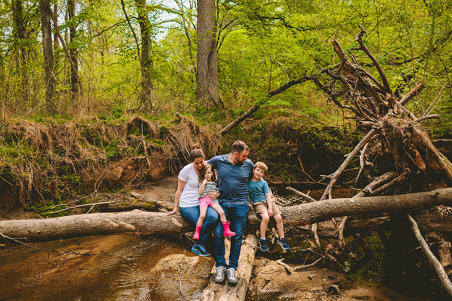 Family portrait sitting on a fallen tree in a creek in Raleigh