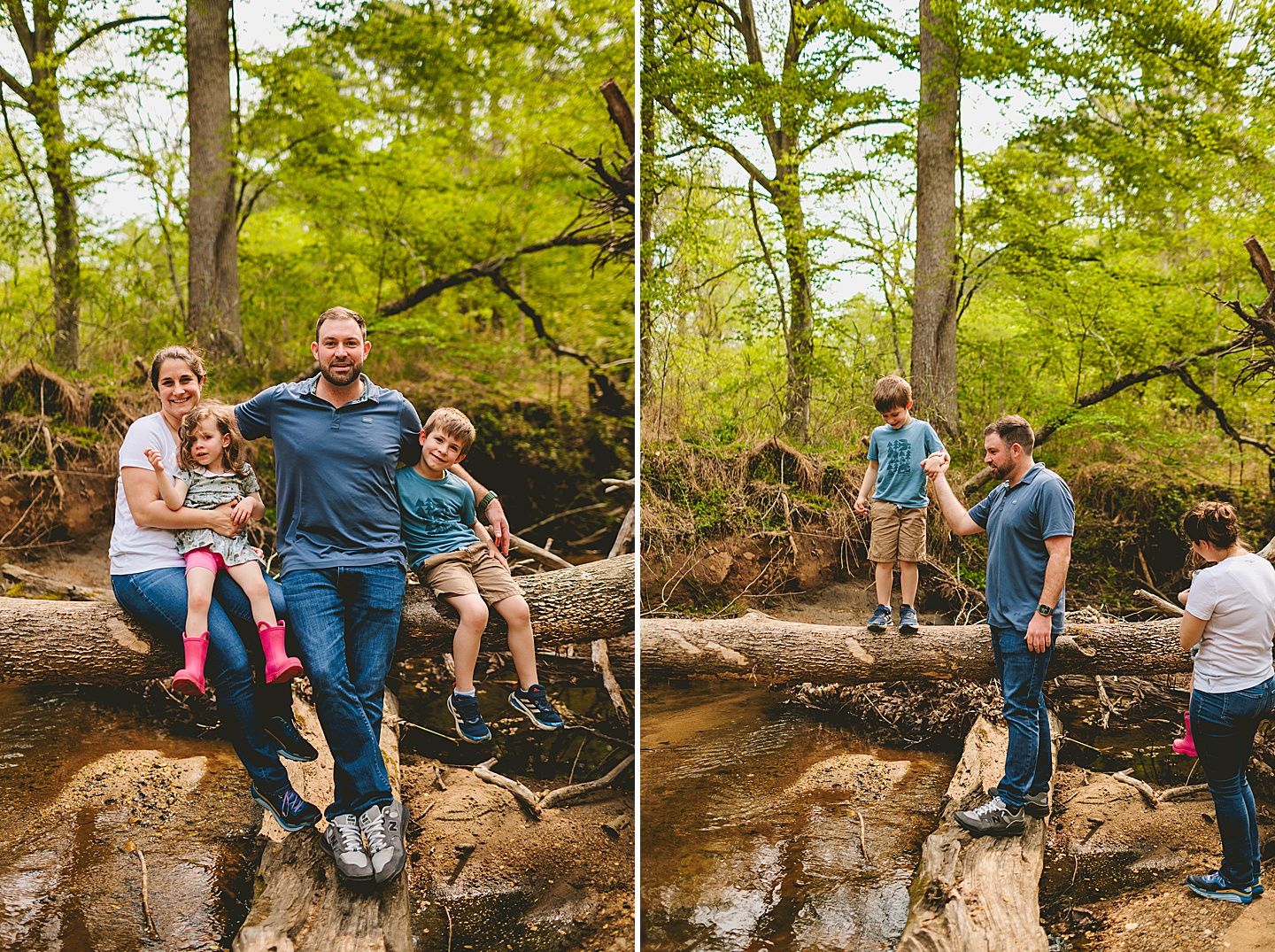 Family portrait sitting on a fallen tree in a creek in Raleigh