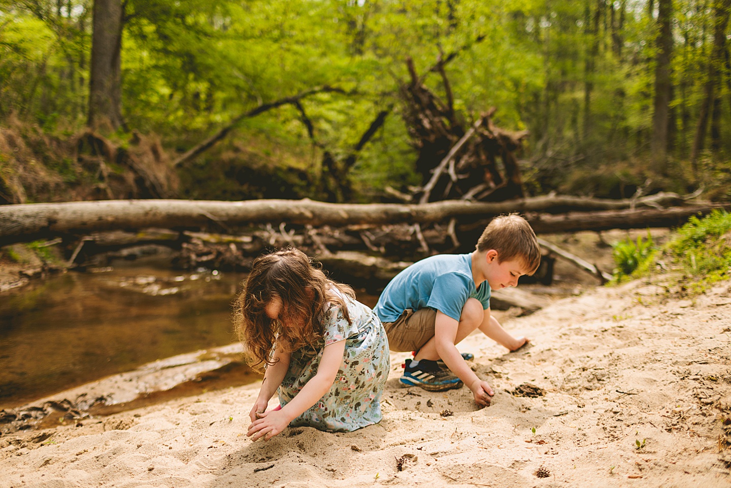 Brother and sister playing in creek in Raleigh during family photographs