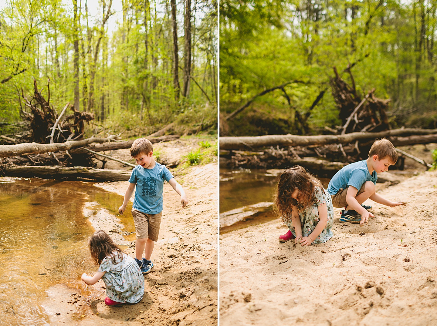 Brother and sister playing in creek in Raleigh during family photographs