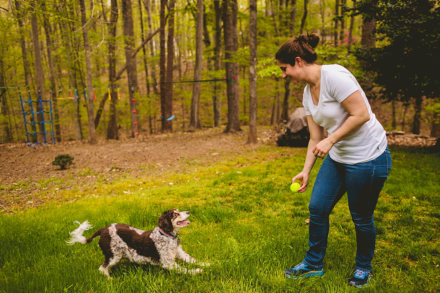 Mom throwing tennis ball for a dog
