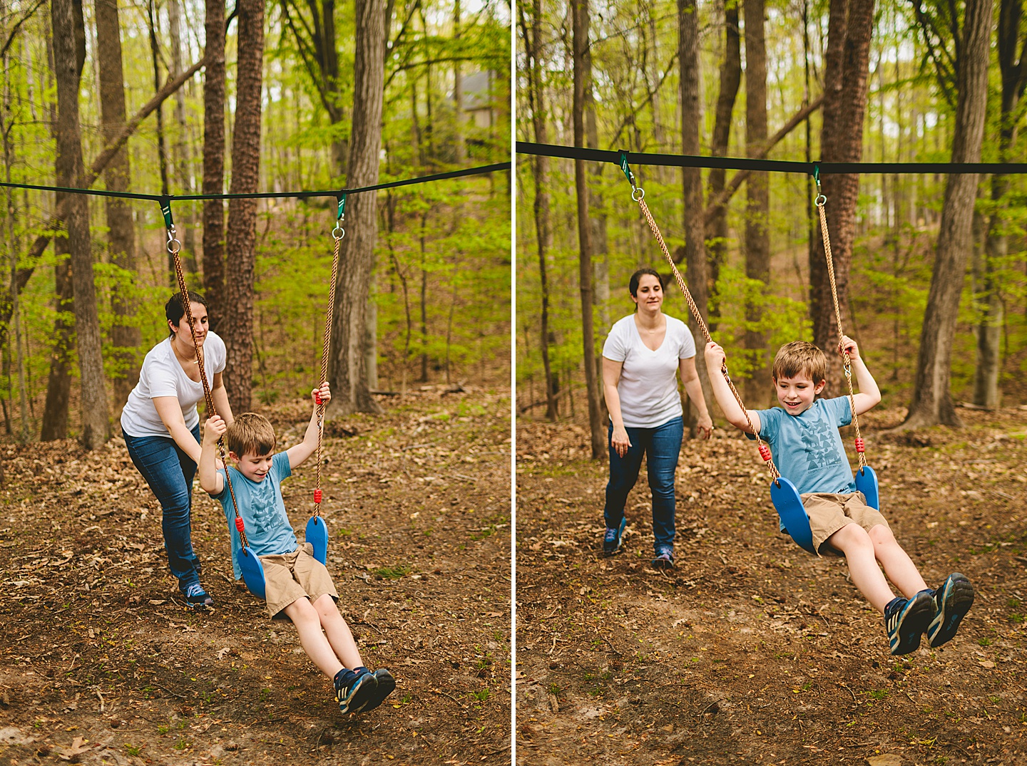 Mom pushing son on a swing in backyard