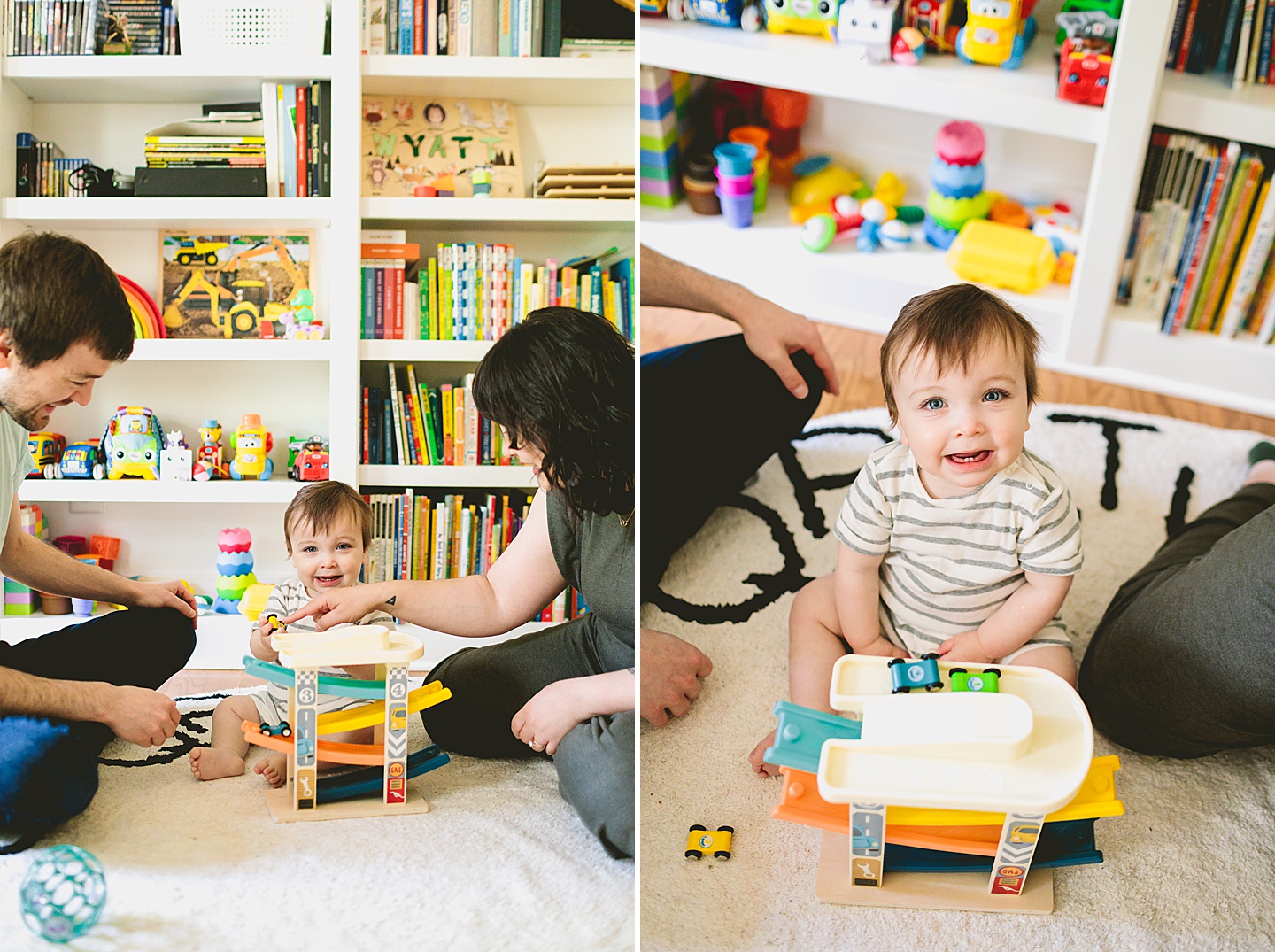 Baby sitting in front of library bookcase playing with toy cars with his mom and dad