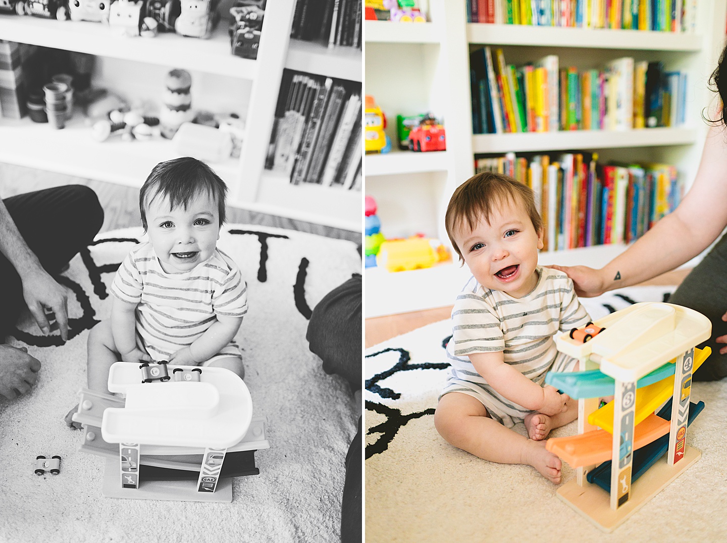 Baby sitting in front of library bookcase playing with toy cars with his mom and dad