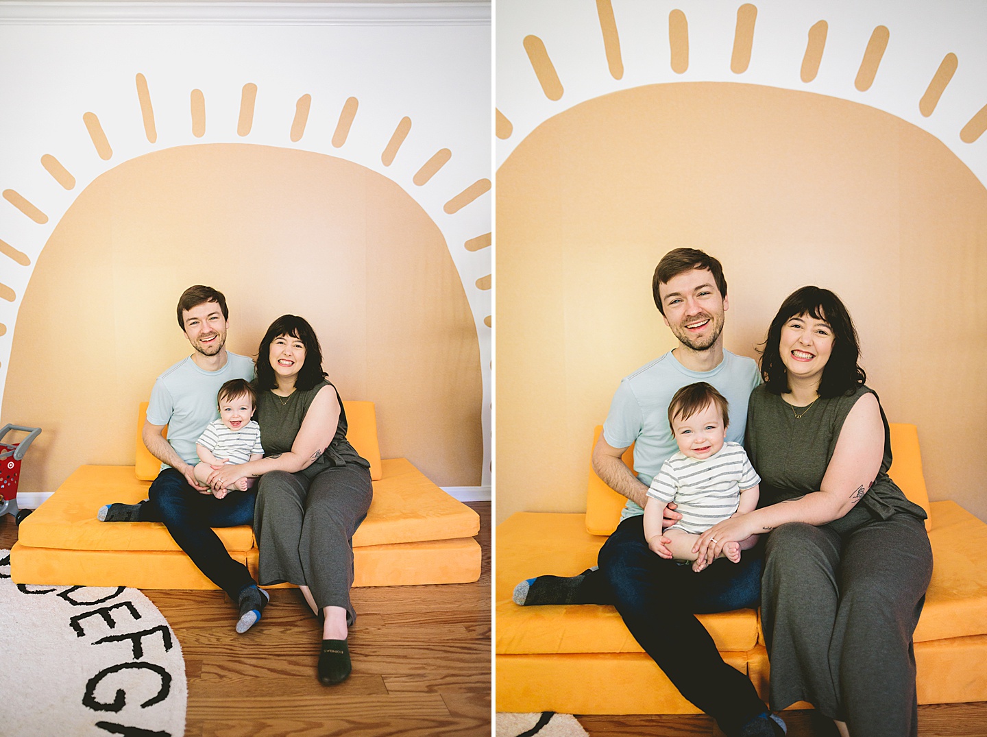 Family portrait in Cary NC of parents with toddler sitting in front of sun decal