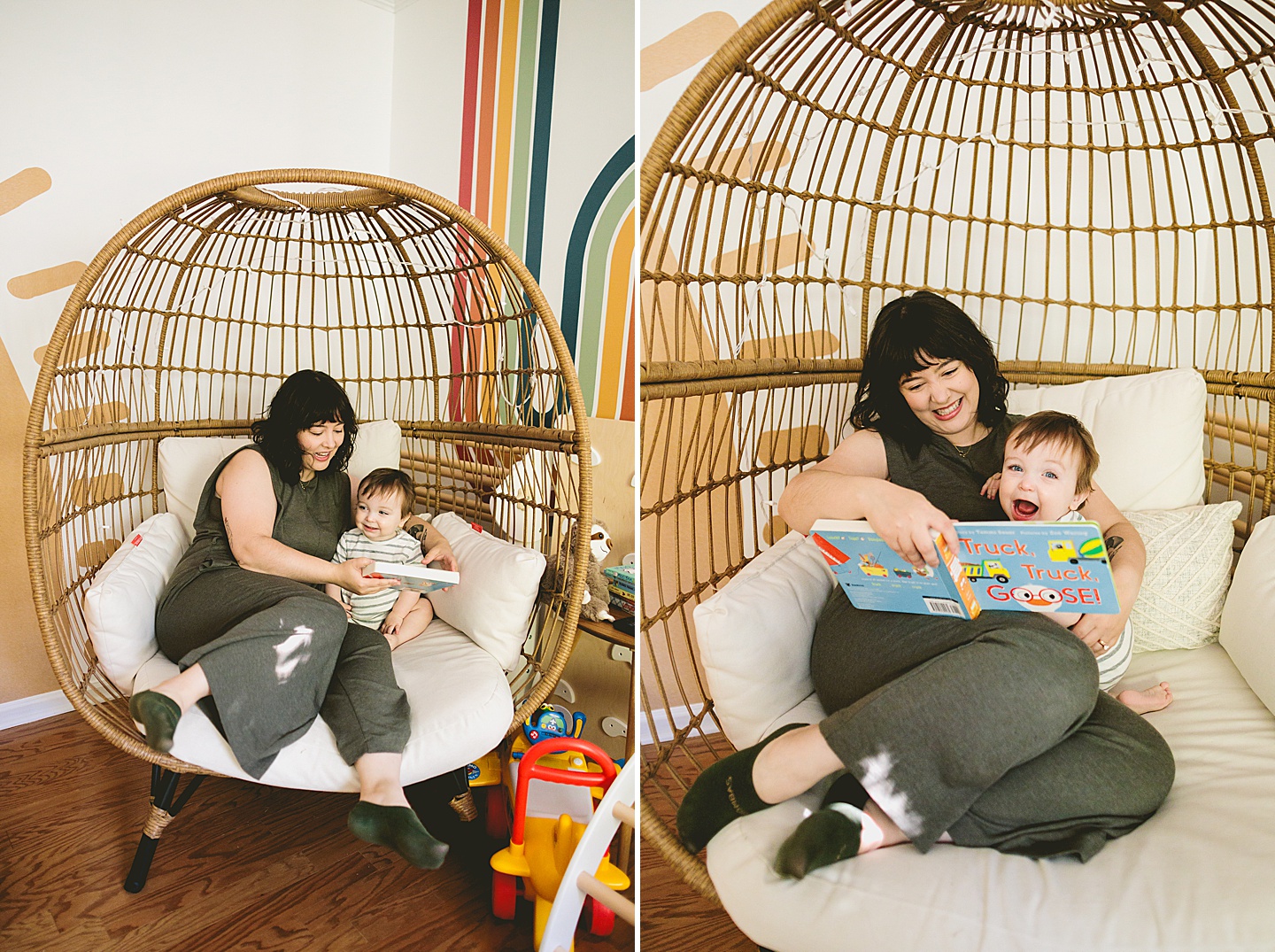 Mom reading storybook to one year old baby