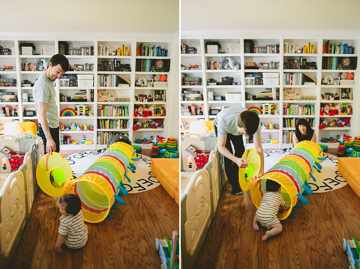 Baby crawls into rainbow tunnel