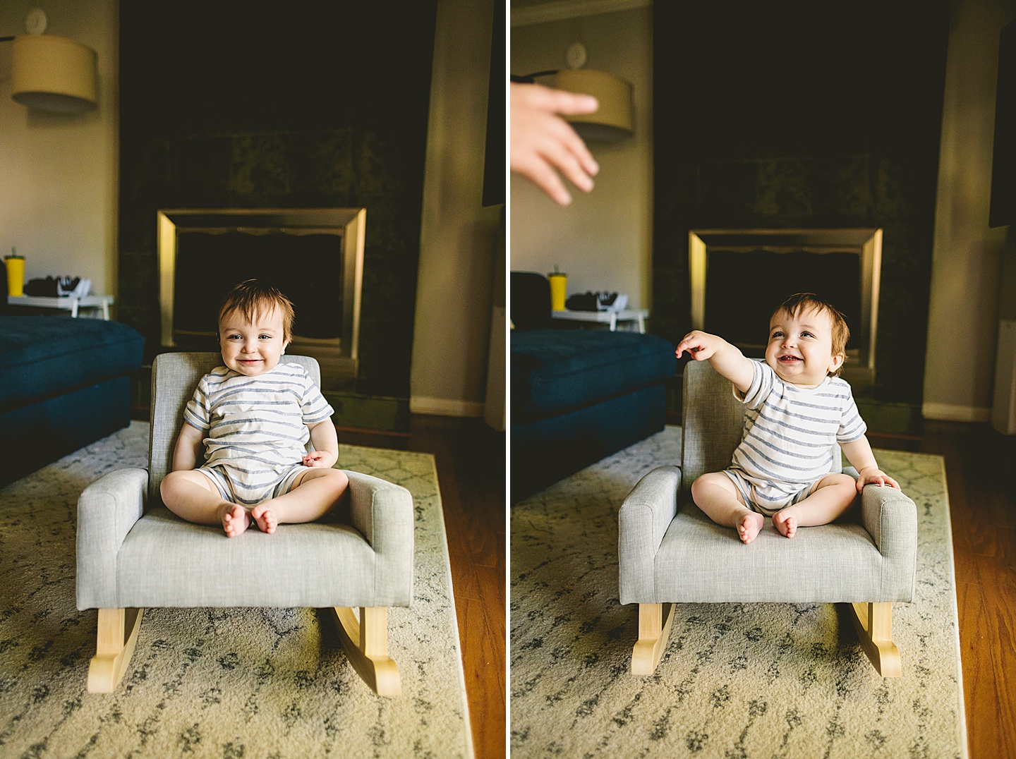 Smiling baby sitting in rocking chair