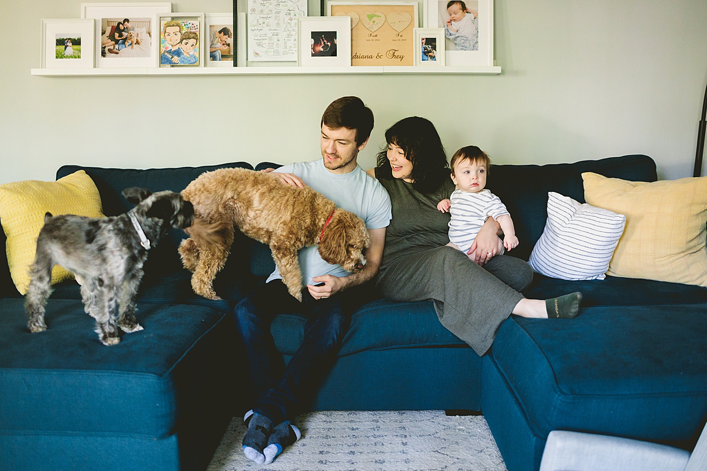 Family laughing and sitting on couch together with dogs