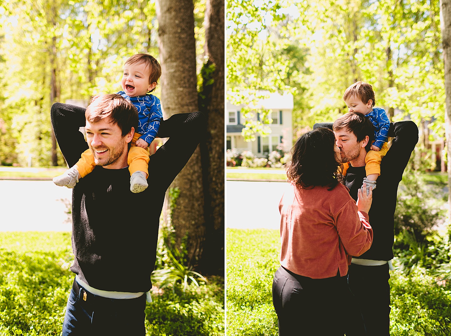 Dad holding laughing baby on his shoulders
