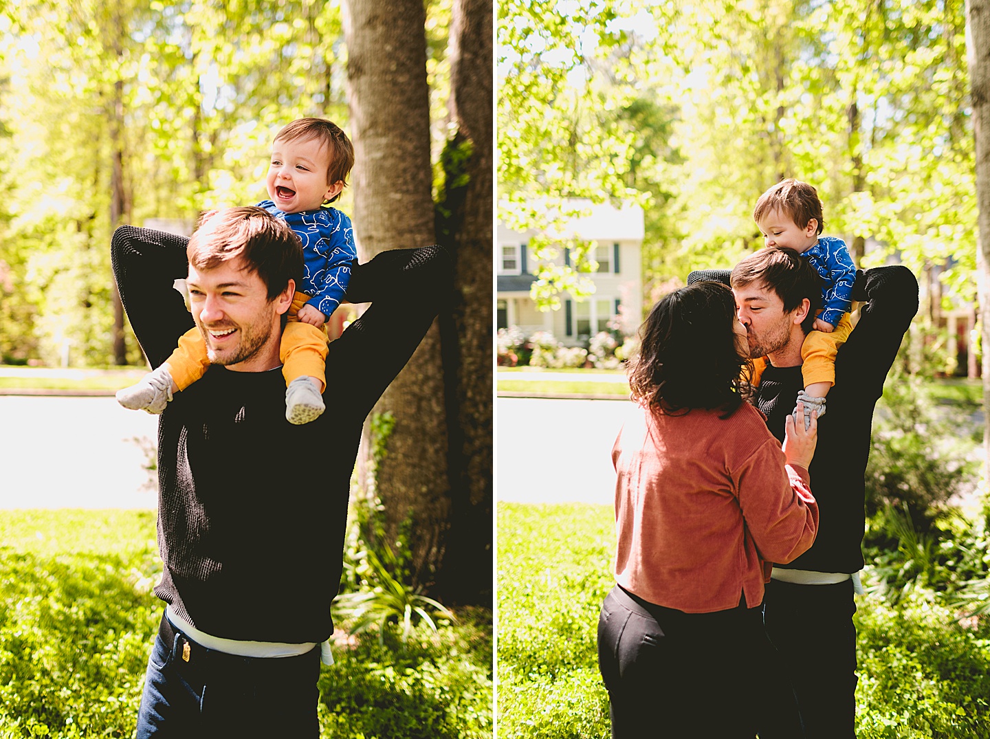 Dad holding laughing baby on his shoulders