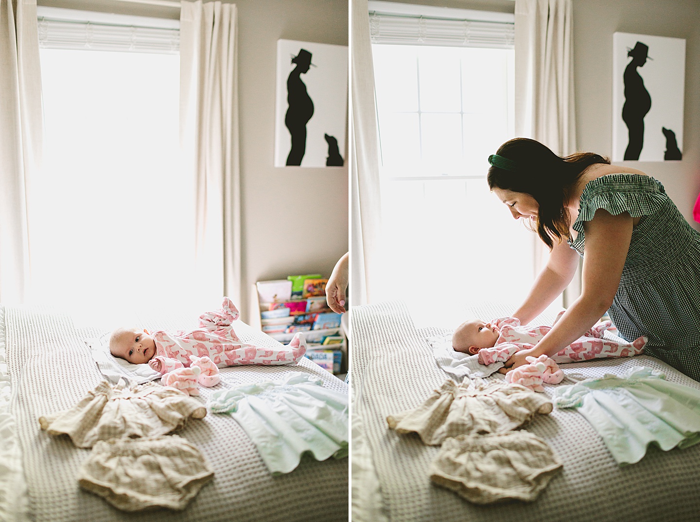 Mom helping baby get changed into clothes for photos