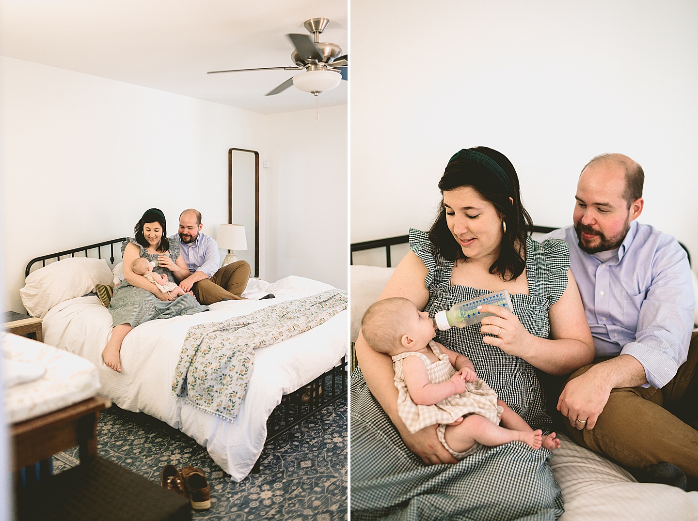 Mom feeding baby a bottle while sitting on bed 