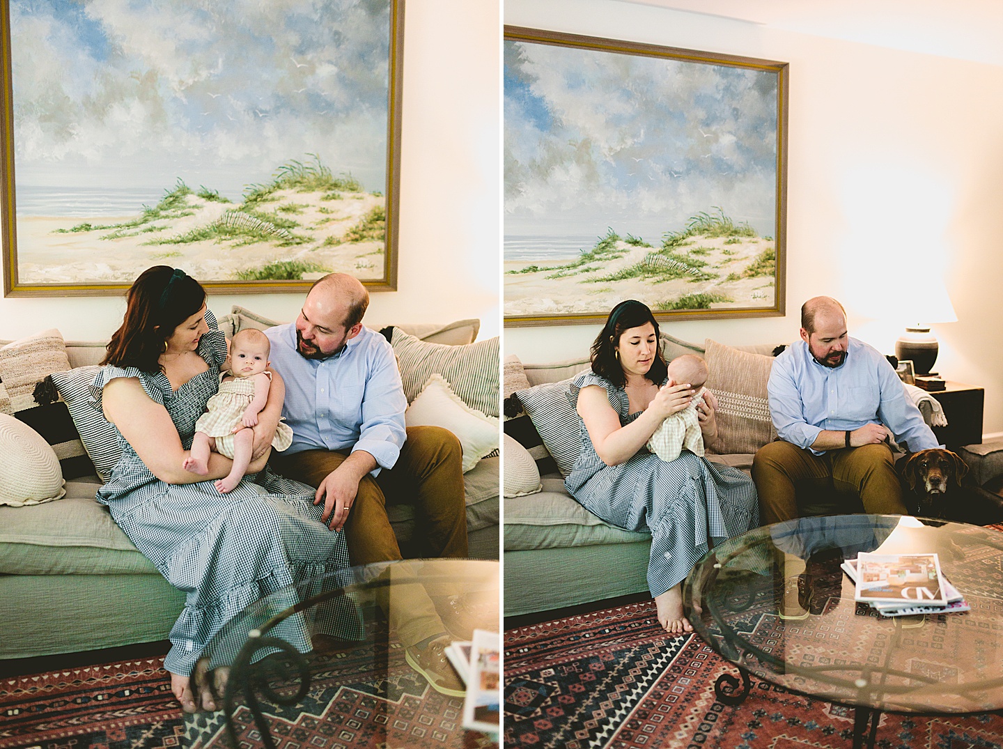 Parents sitting in living room with baby