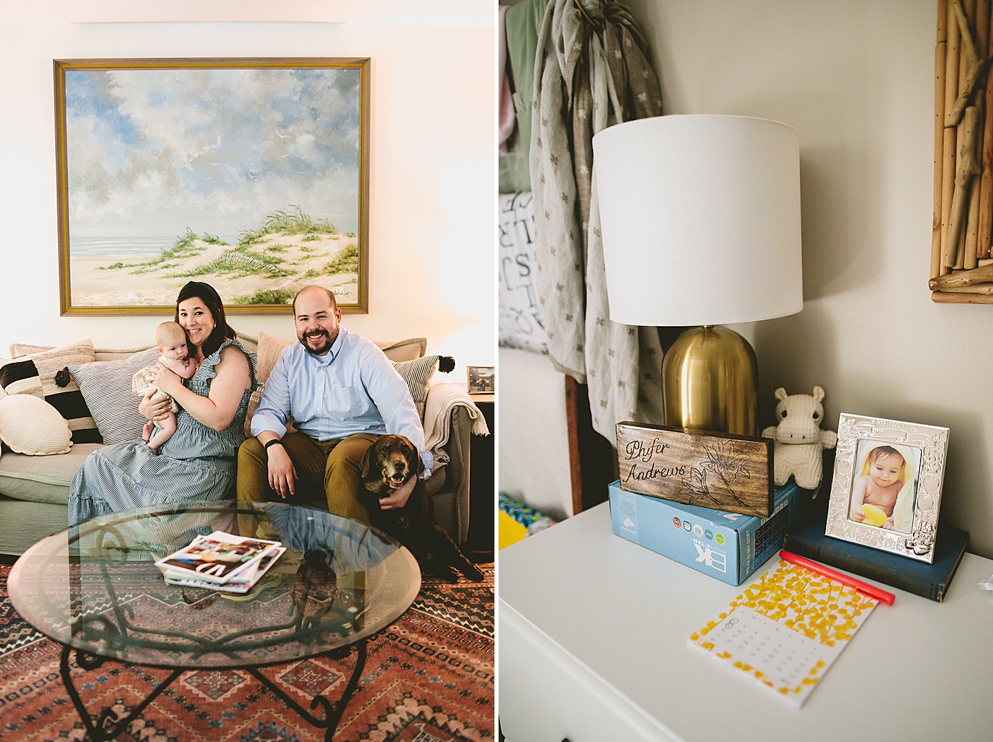 Parents sitting with baby and details of baby nursery