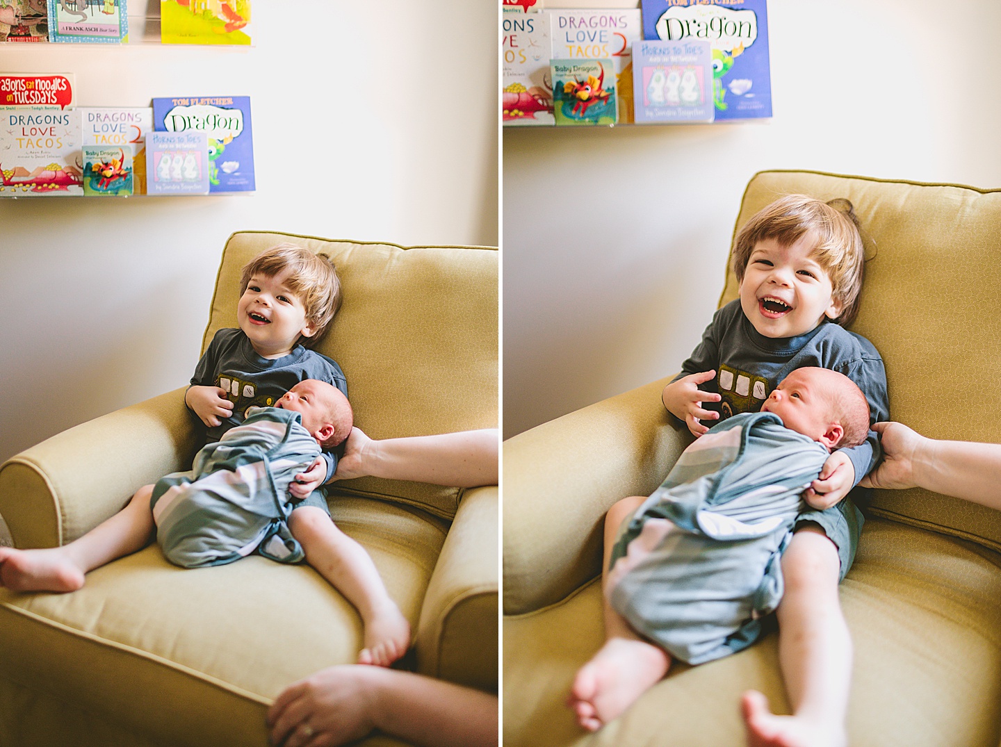 Toddler holding his baby brother for family photographs