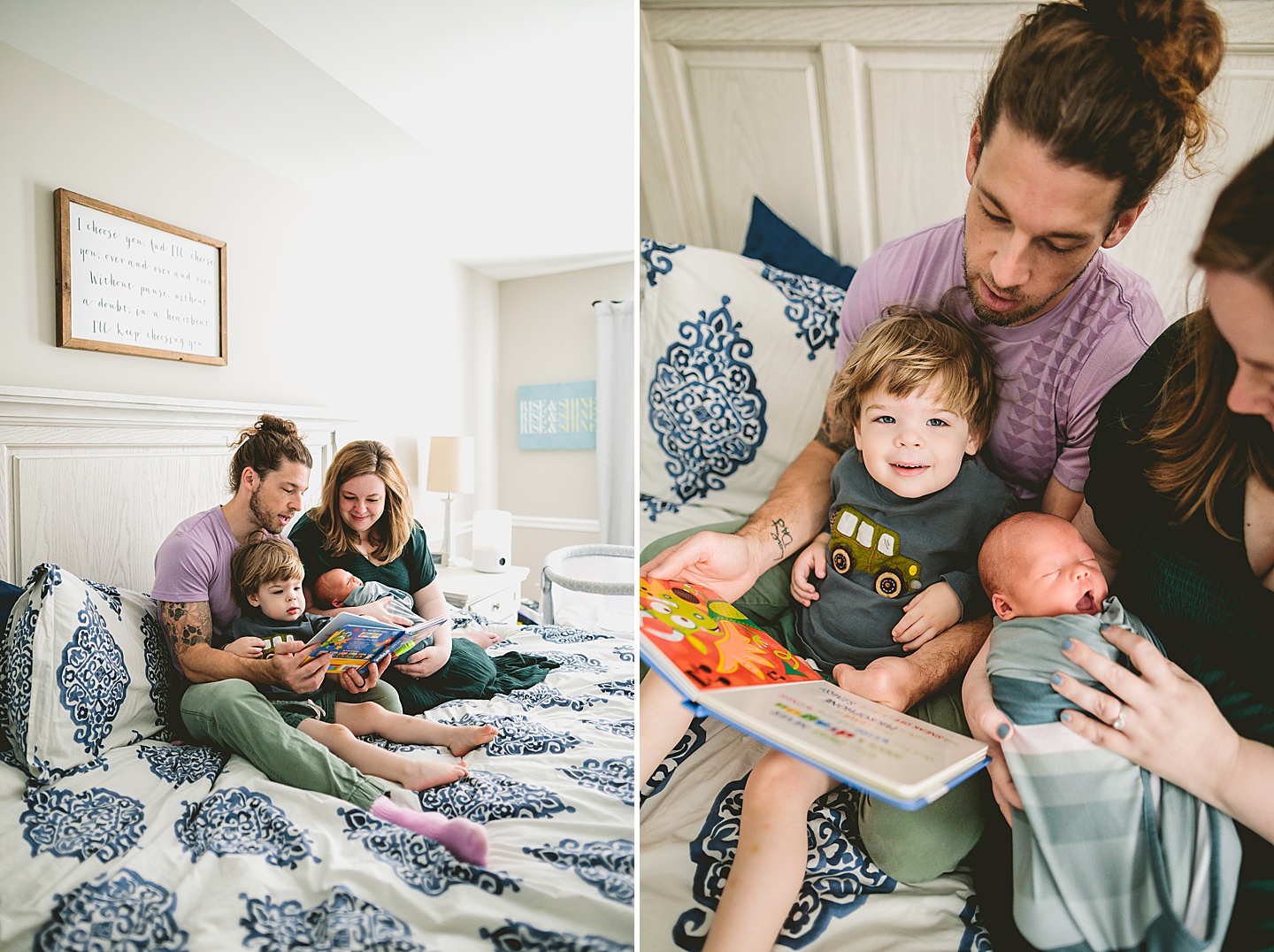 Family reading a book on the bed together