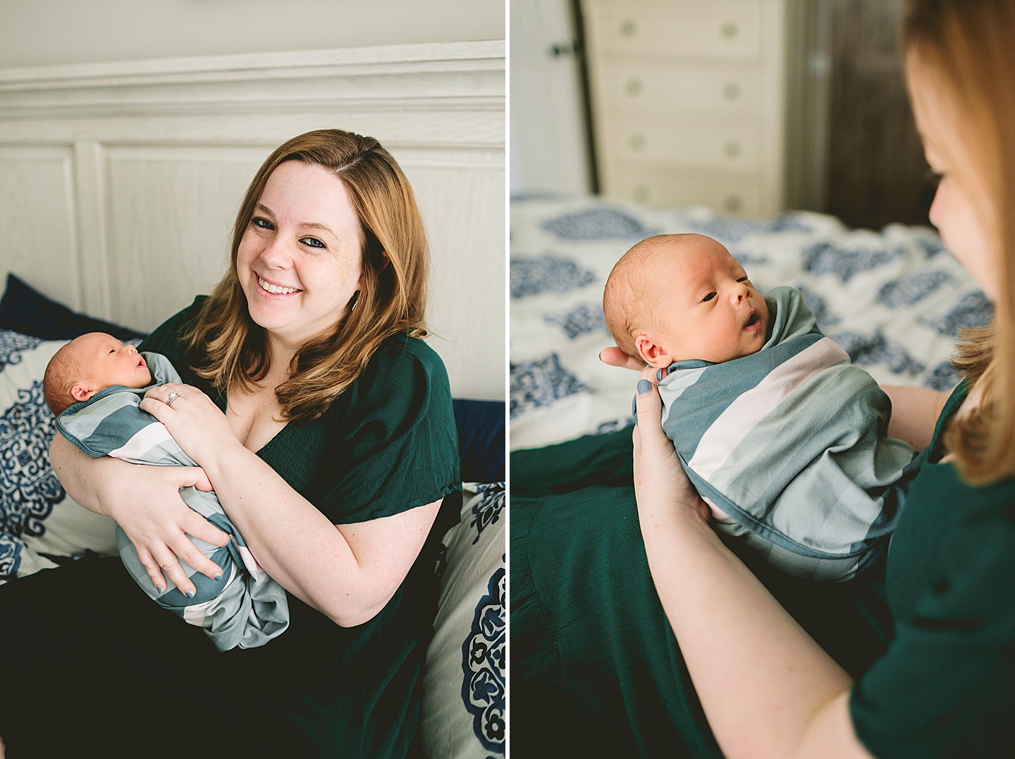 Mom holding newborn baby in green dress