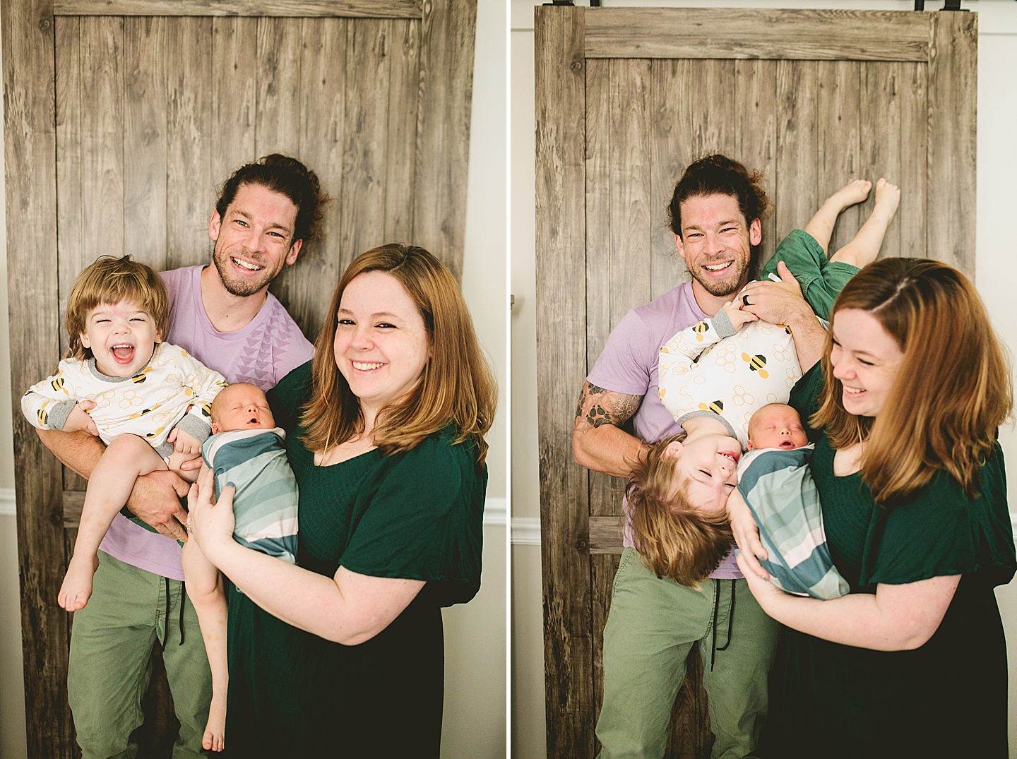 Family laughing and playing with toddler