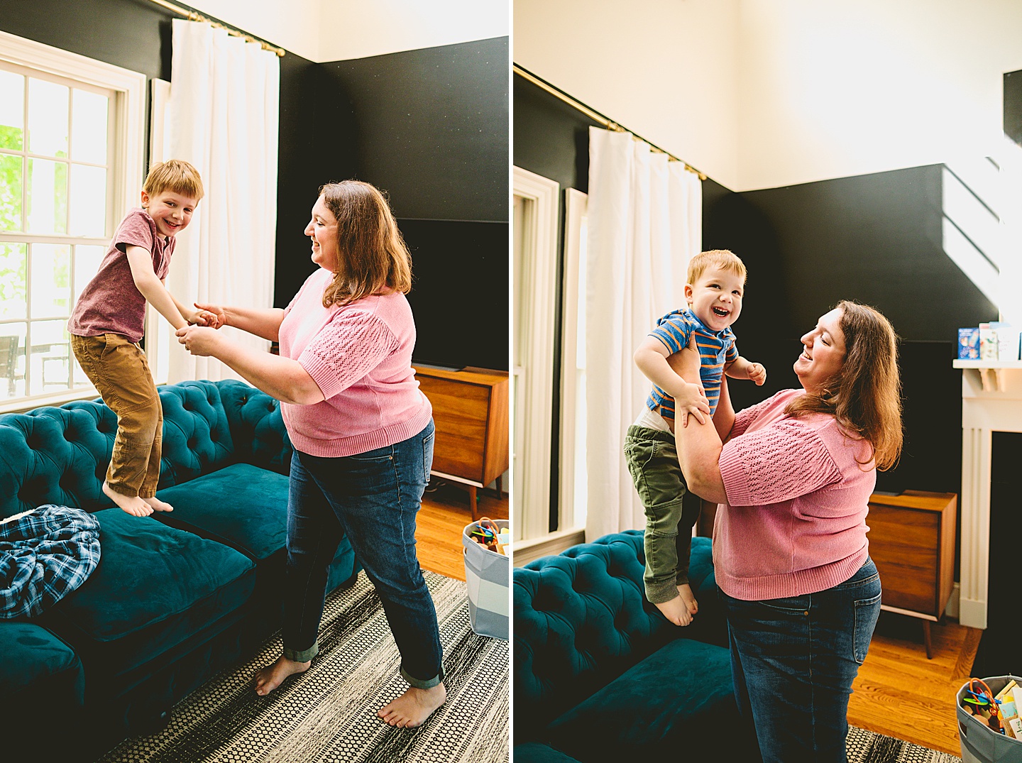 Mom dancing with sons on the couch