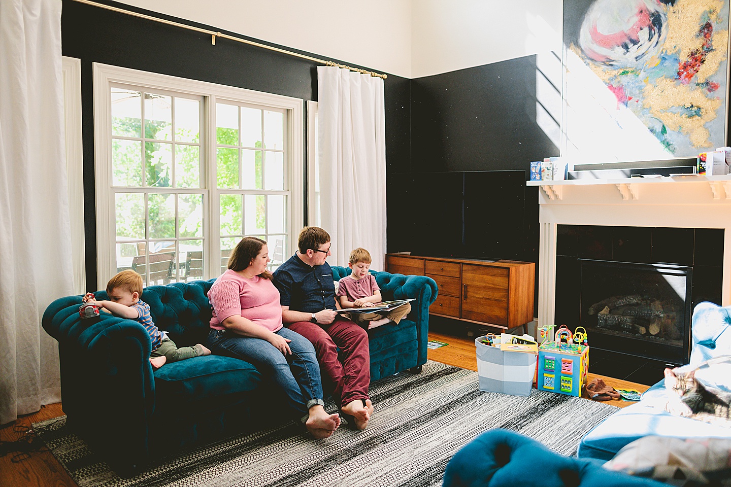 Family sitting together on the couch