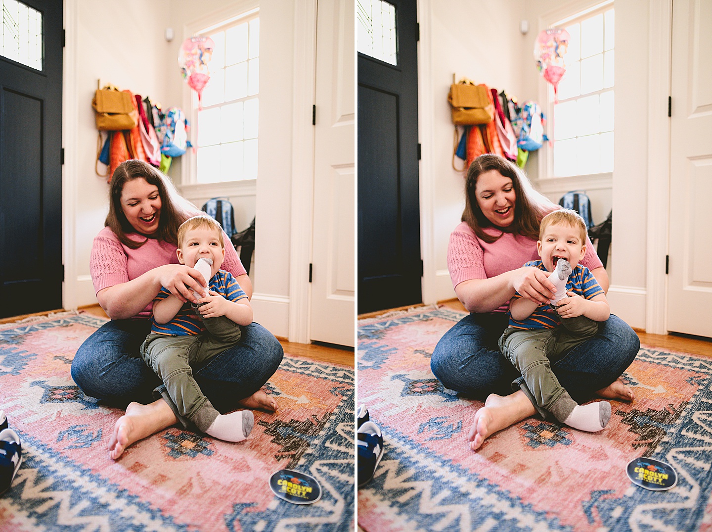 Mom helping son put on socks