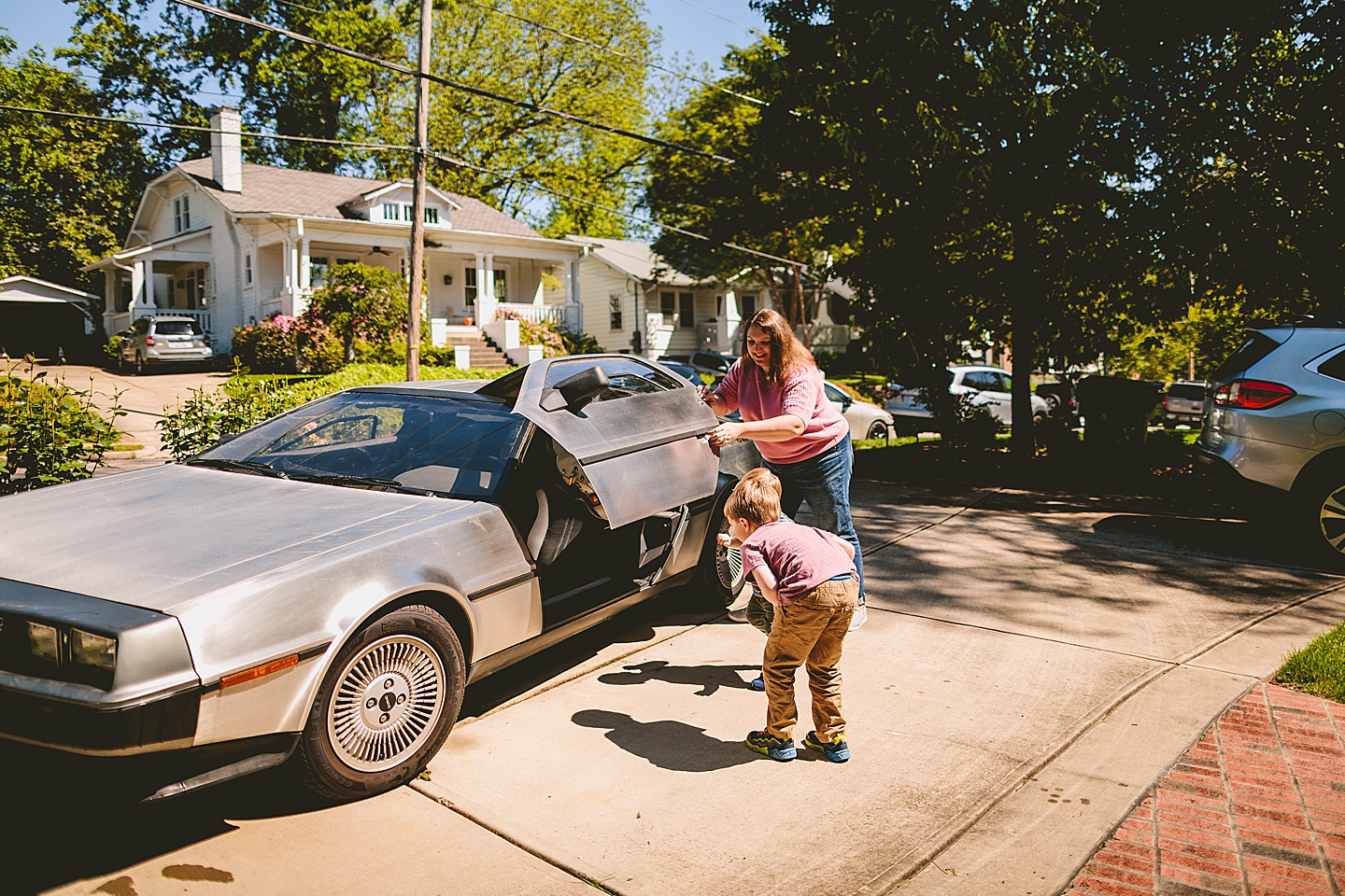 Family pictures with a DeLorean in Raleigh